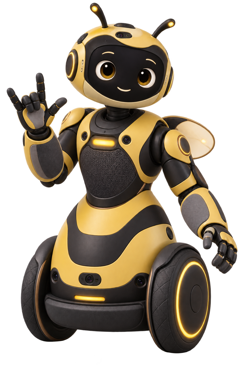 Future concept rendering of Bridget, a bumblebee-inspired social support robot on a stable two-wheel base