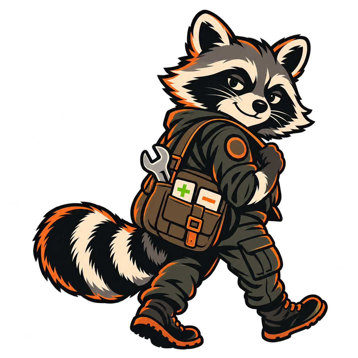 Raccoon field operative carrying code patches and a wrench